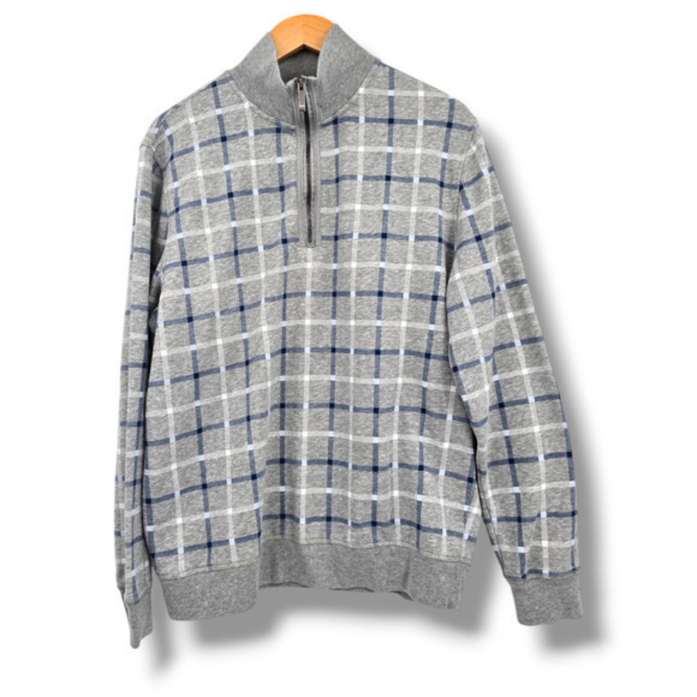Nautica Men's 1/4 Zip Mock Neck‎ Plaid Preppy Casual Sweatshirt Gray Size Large